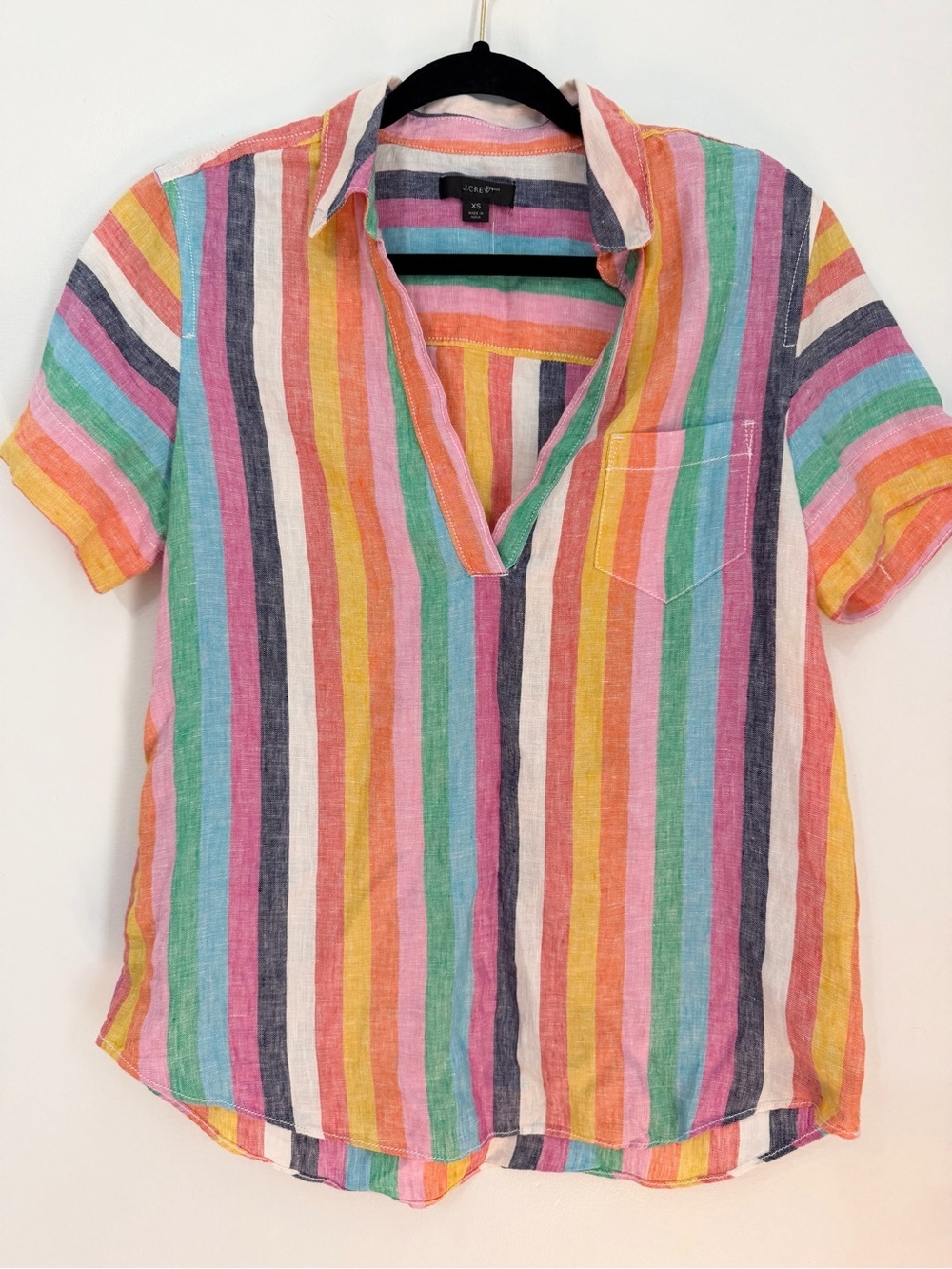J Crew Short-sleeve linen popover top in rainbow stripe, size XS